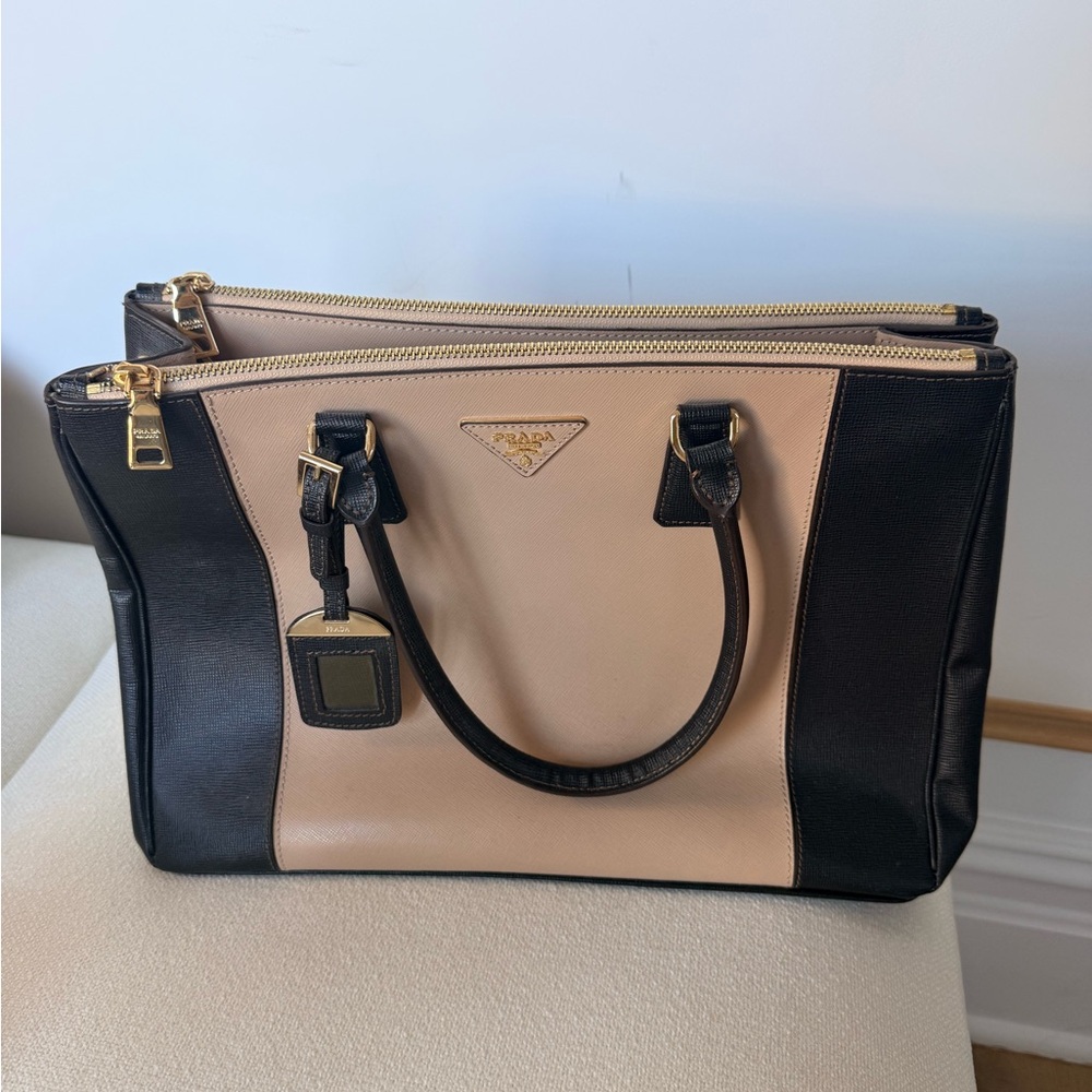 Prada Black and Beige Saffiano Leather Double-Zip Tote